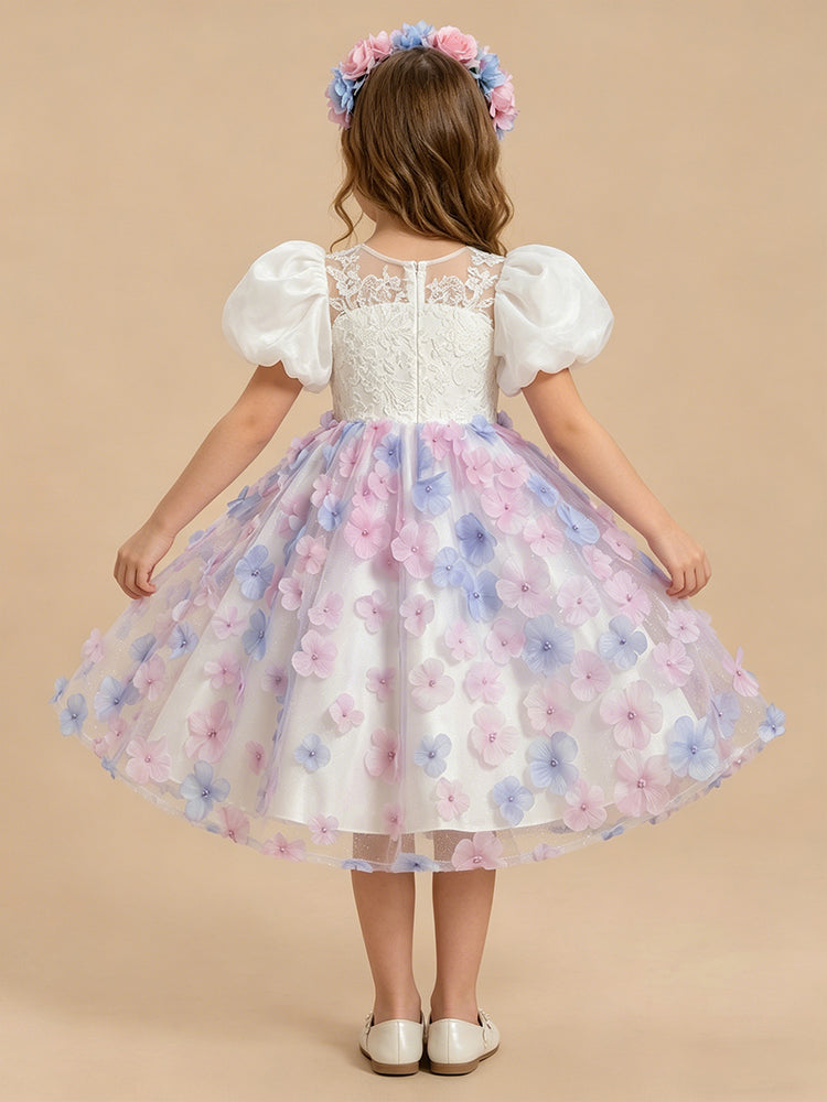 Tulle A-Line Crew Neck Long Flower Girl Dresses with 3D Flowers