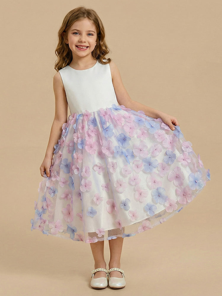 Tulle A-Line Crew Neck Long Flower Girl Dresses with 3D Flowers