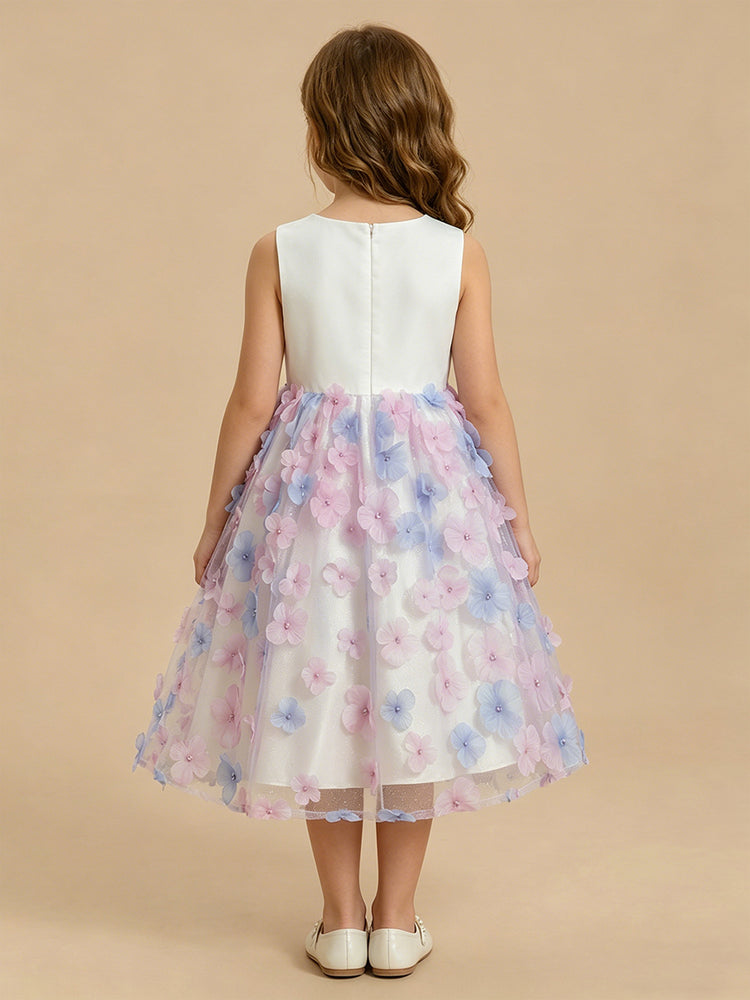 Tulle A-Line Crew Neck Long Flower Girl Dresses with 3D Flowers