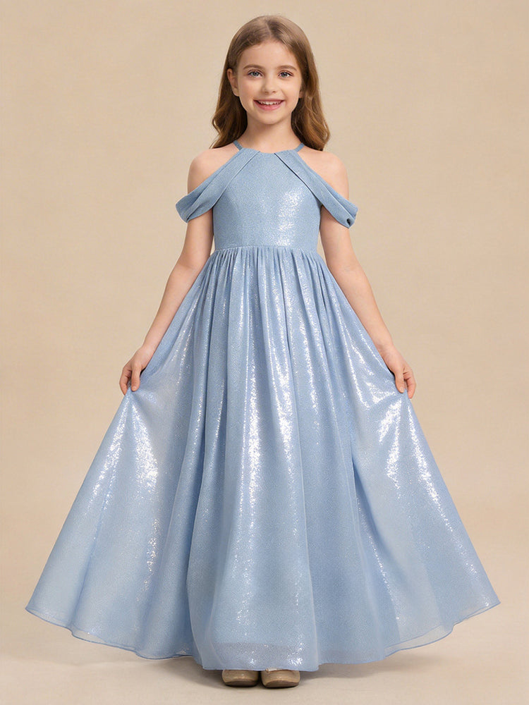 Chiffon A-Line Off the Shoulder Long Flower Girl Dresses with Pleated