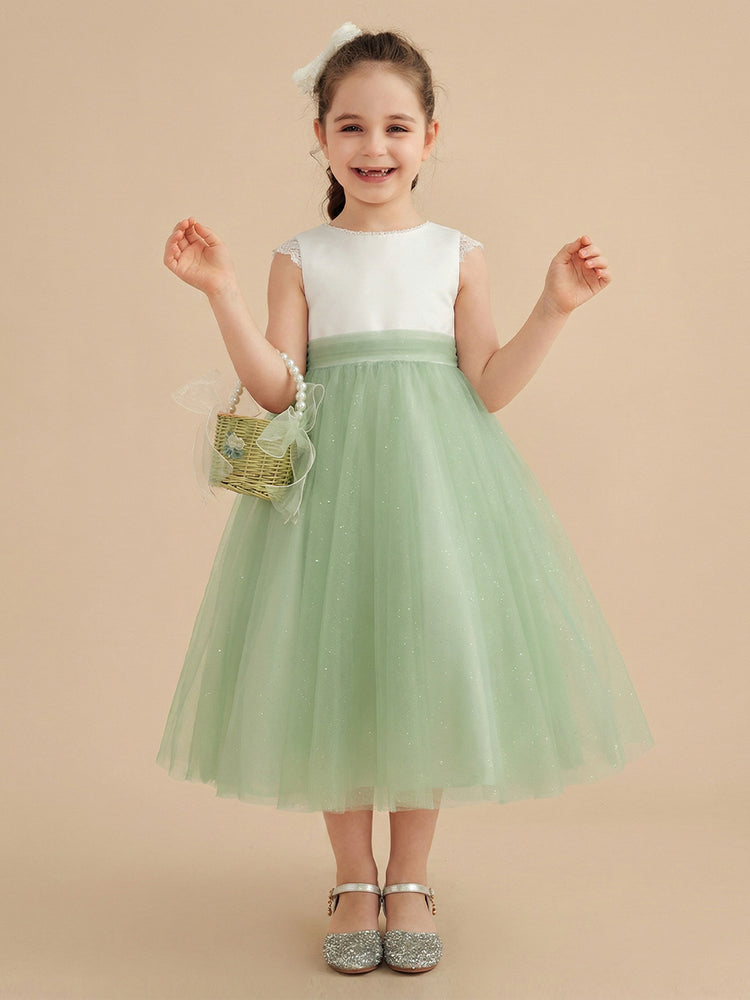 Tulle A-Line Scoop Neck Midi Flower Girl Dresses with Pleats