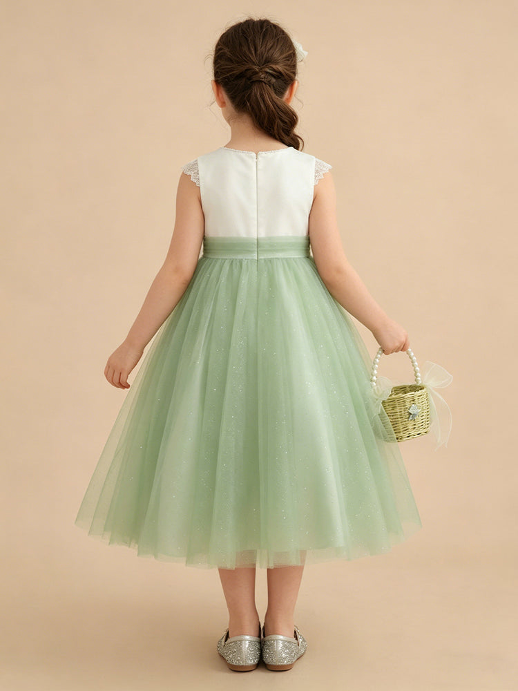 Tulle A-Line Scoop Neck Midi Flower Girl Dresses with Pleats