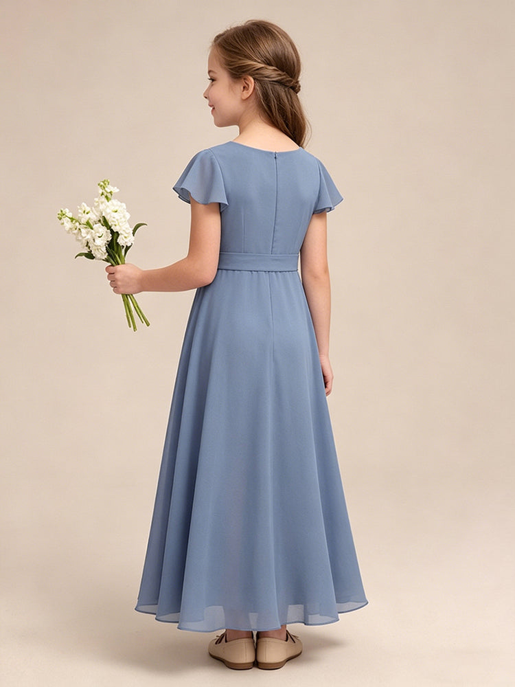 Chiffon A-Line Scoop Neck Long Flower Girl Dresses with Pleats