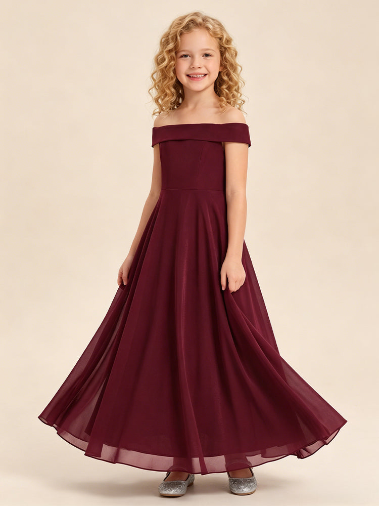 Chiffon A-Line Off the Shoulder Long Flower Girl Dresses with Pleats