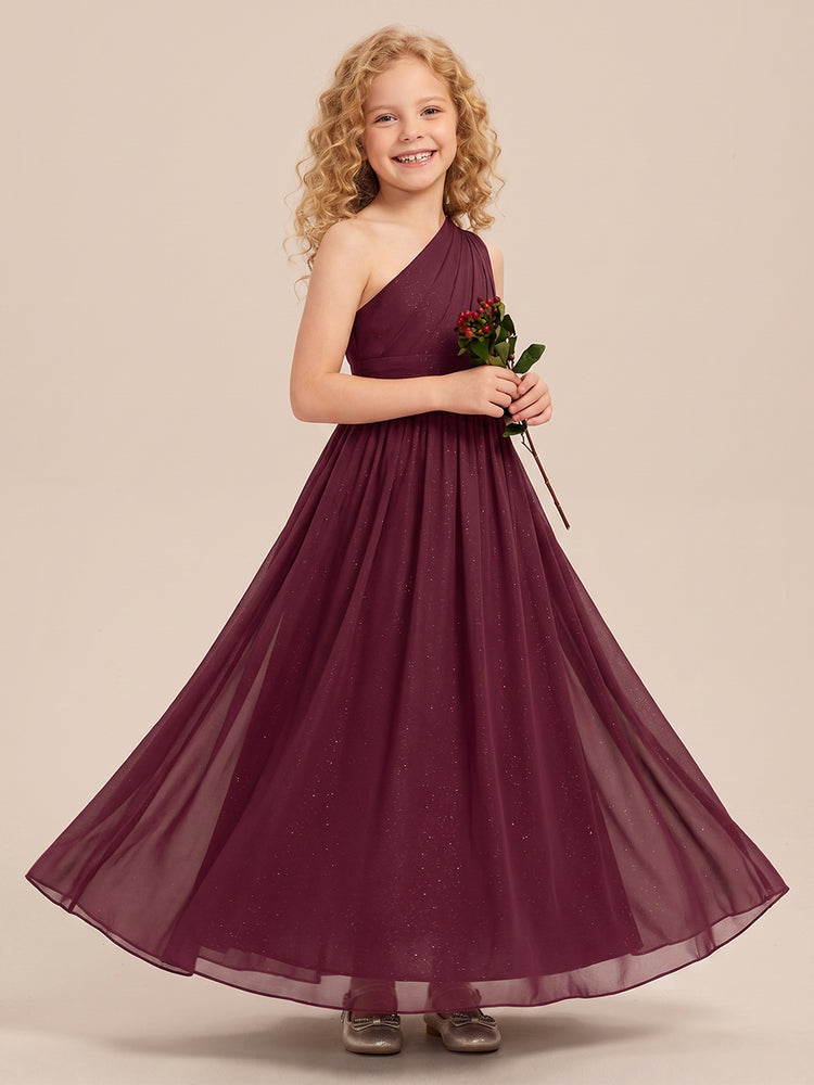 Chiffon A-Line One Shoulder Long Flower Girl Dresses with Pleats