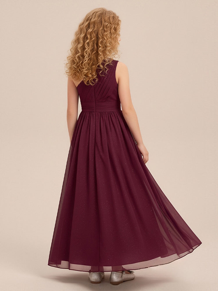 Chiffon A-Line One Shoulder Long Flower Girl Dresses with Pleats