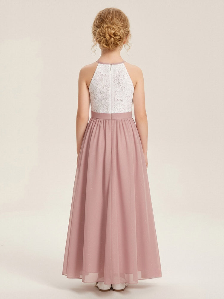 Chiffon A-Line Halter Long Flower Girl Dresses with Applique