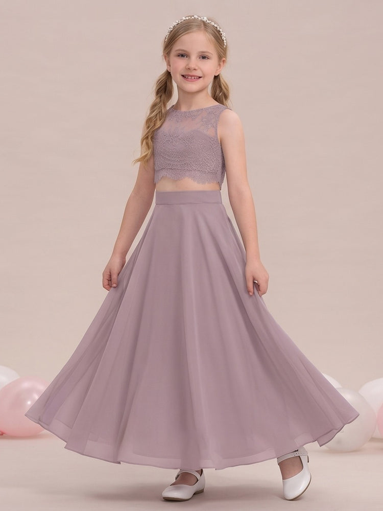 2 Pieces Chiffon A-Line Round Neck Flower Girl Dresses with Lace Applique