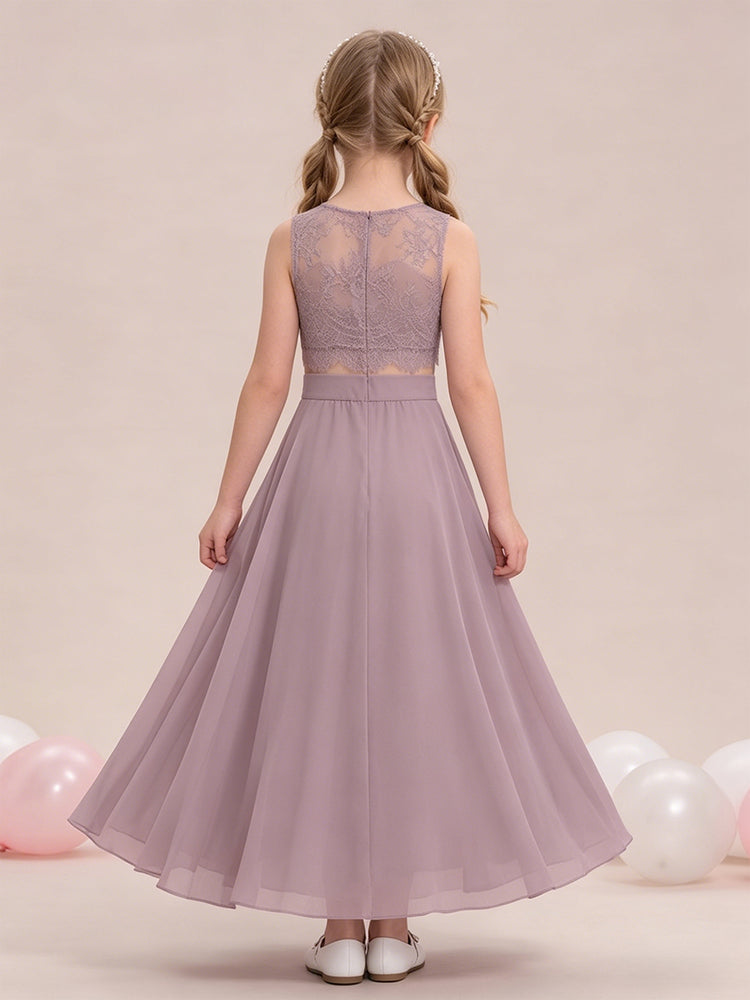 2 Pieces Chiffon A-Line Round Neck Flower Girl Dresses with Lace Applique