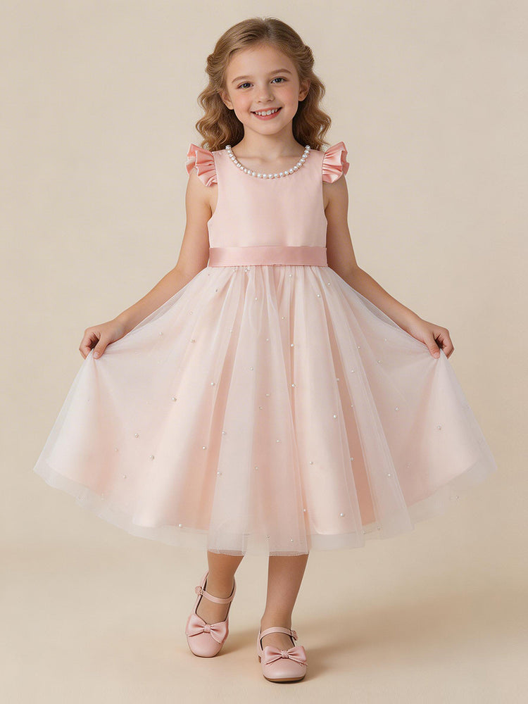Tulle A-Line Round Neck Midi Flower Girl Dresses with Pleats