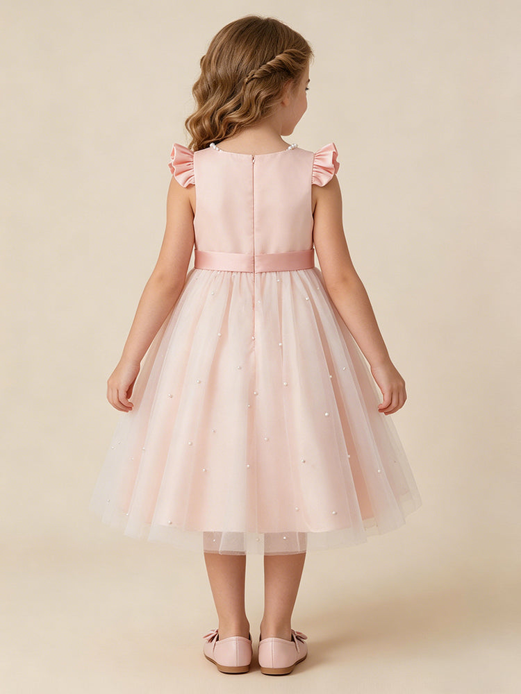 Tulle A-Line Round Neck Midi Flower Girl Dresses with Pleats
