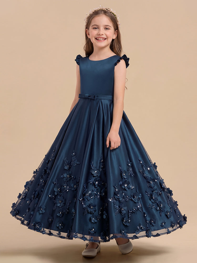 Satin A-Line Scoop Neck Long Flower Girl Dresses with 3D Flowers