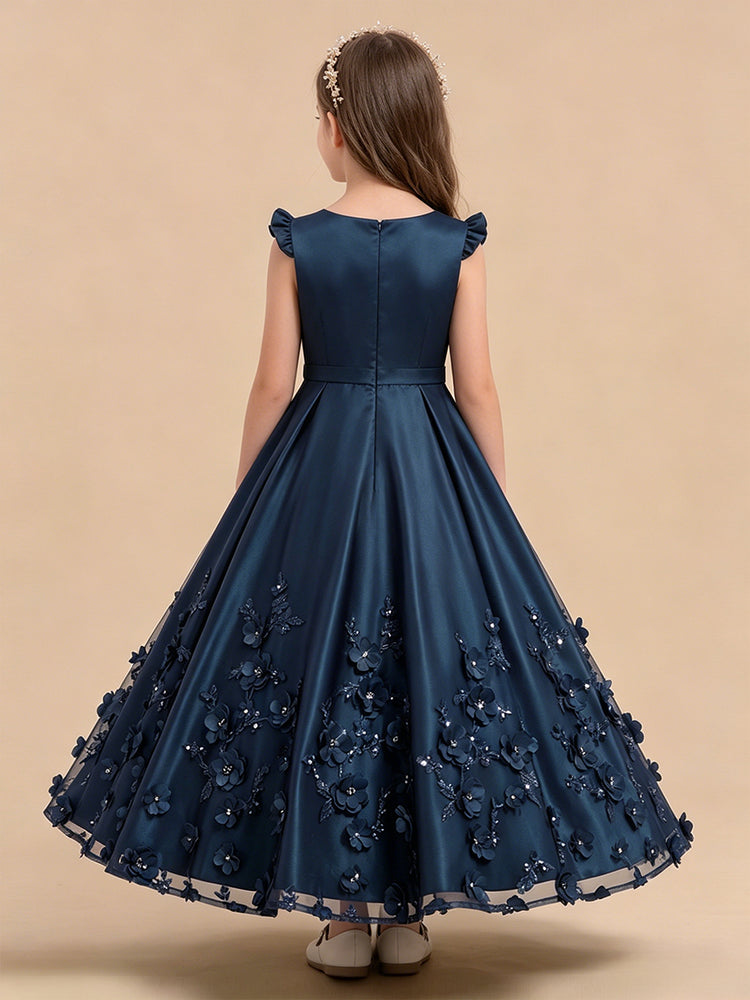 Satin A-Line Scoop Neck Long Flower Girl Dresses with 3D Flowers