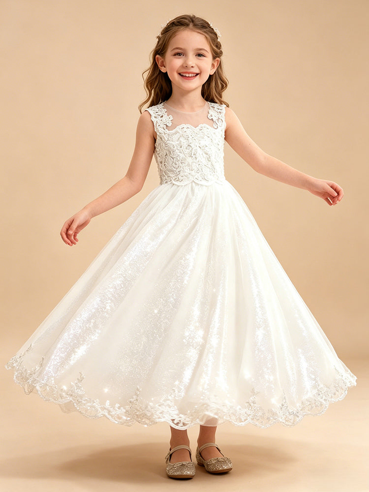 Tulle A-Line Illusion Neck Long Flower Girl Dresses with Lace