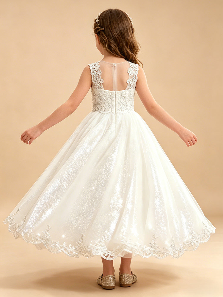 Tulle A-Line Illusion Neck Long Flower Girl Dresses with Lace