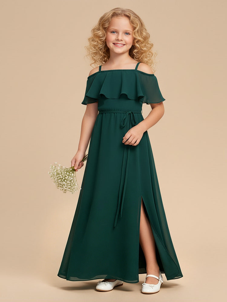 Chiffon A-Line Off the Shoulder Long Flower Girl Dresses with Ruffles