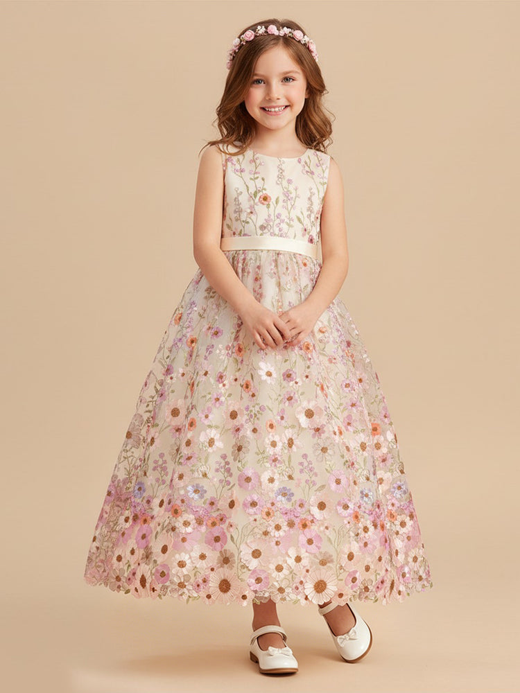 Tulle A-Line Scoop Neck Long Flower Girl Dresses with Pleats
