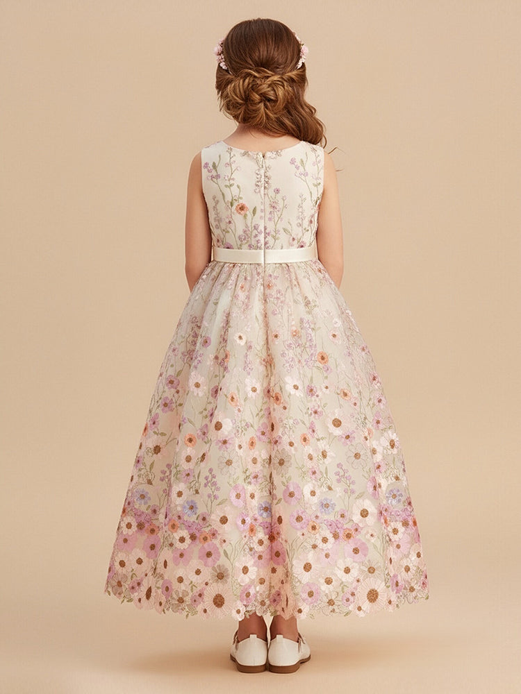 Tulle A-Line Scoop Neck Long Flower Girl Dresses with Pleats