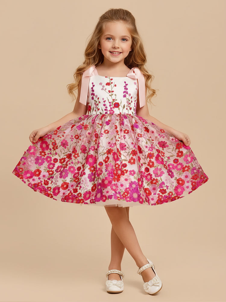 Tulle Ball Gown Square Neck Mini Flower Girl Dresses with Bow