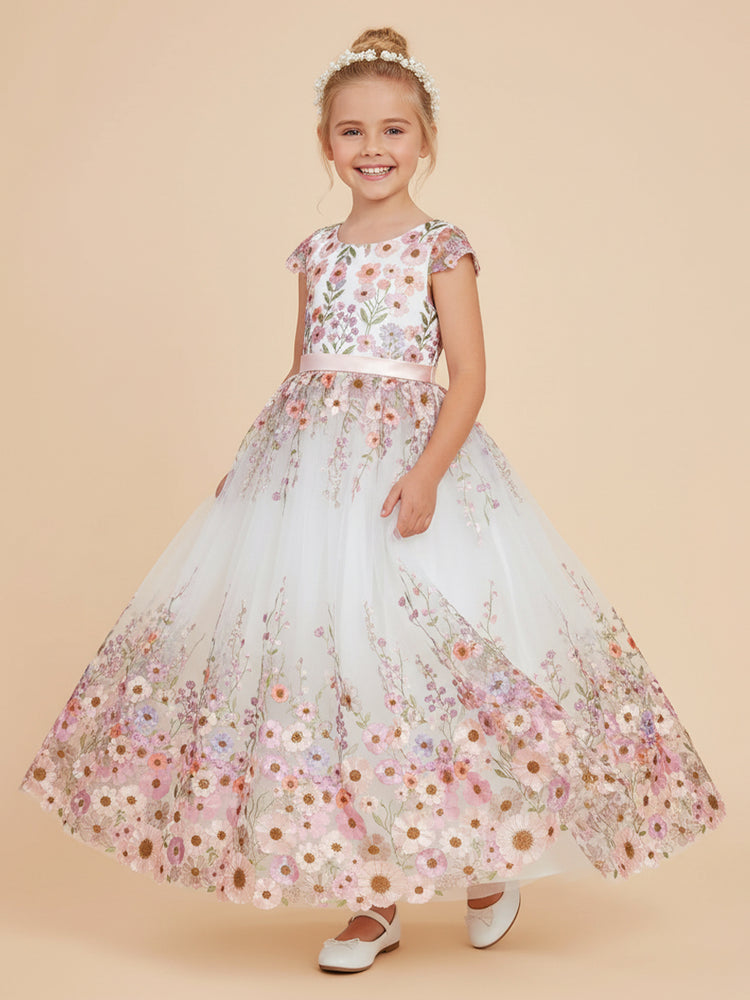 Tulle A-Line Scoop Neck Long Flower Girl Dresses with Pleats