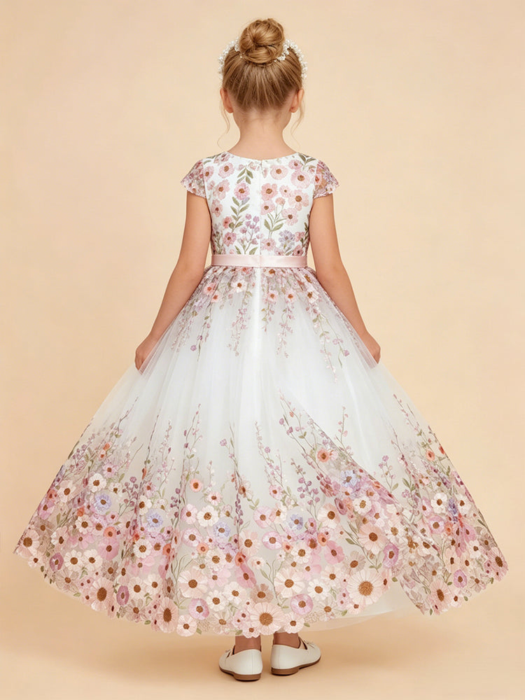 Tulle A-Line Scoop Neck Long Flower Girl Dresses with Pleats