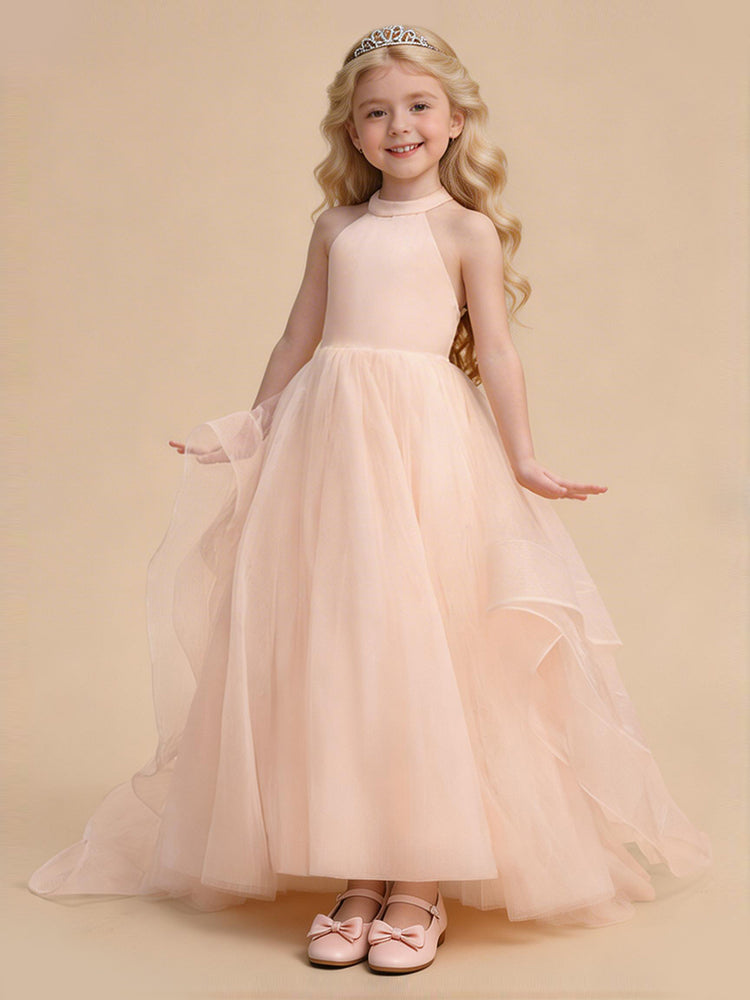 Organza A-Line Halter Long Flower Girl Dresses with Pleats