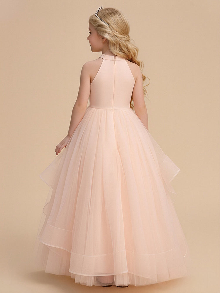Organza A-Line Halter Long Flower Girl Dresses with Pleats