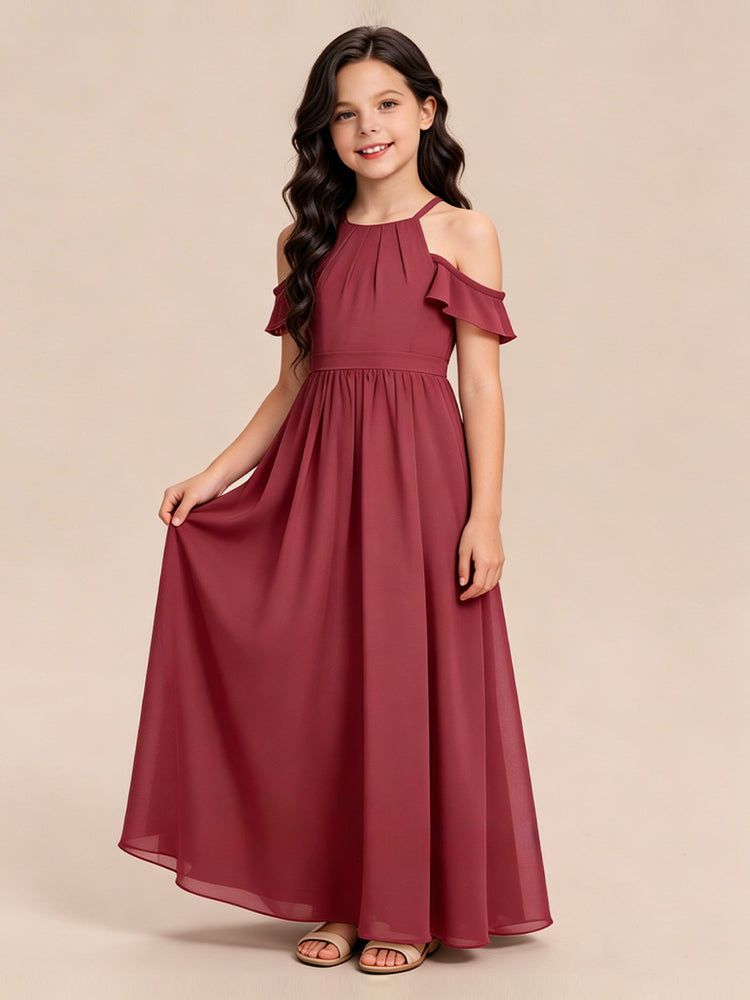 Chiffon A-Line Halter Long Flower Girl Dresses with Ruffles