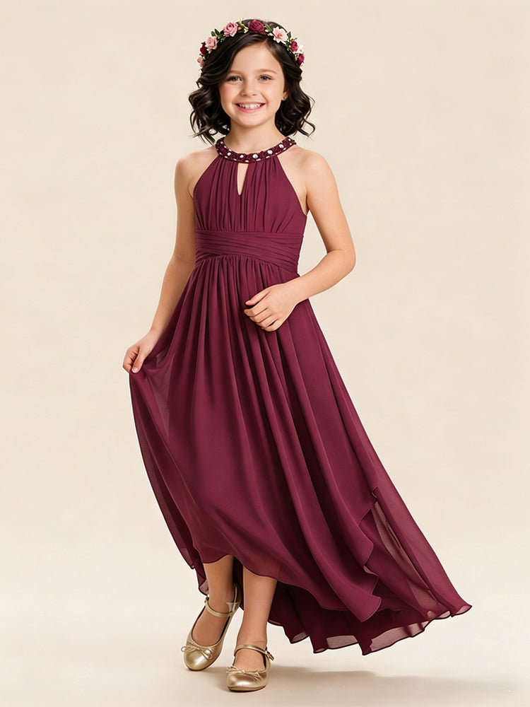 Chiffon A-Line Halter Long Flower Girl Dresses with Pleats