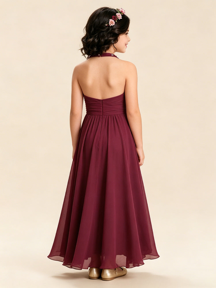 Chiffon A-Line Halter Long Flower Girl Dresses with Pleats