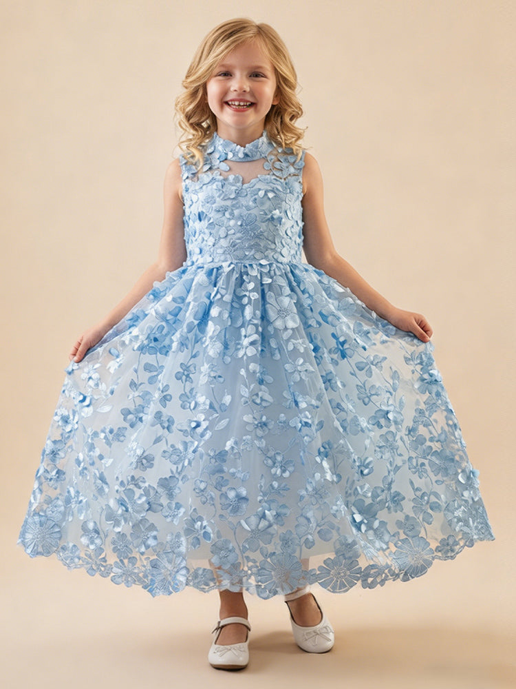 Tulle A-Line High Neck Long Flower Girl Dresses with 3D Flowers