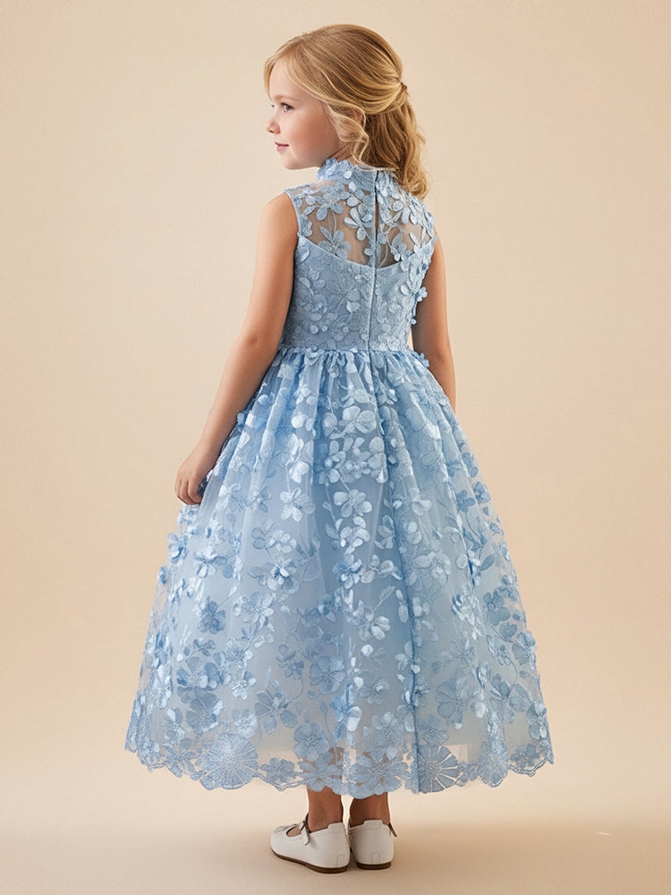 Tulle A-Line High Neck Long Flower Girl Dresses with 3D Flowers