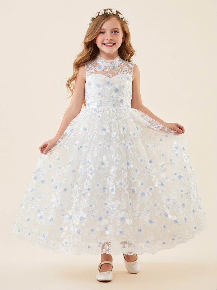 Tulle A-Line High Neck Long Flower Girl Dresses with 3D Flowers