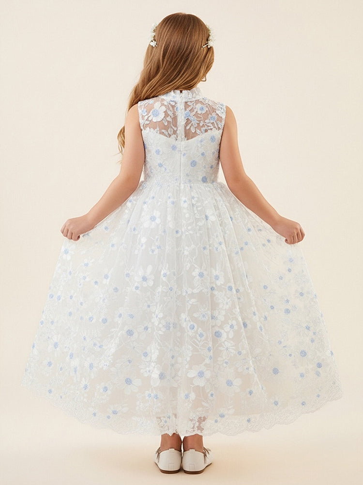 Tulle A-Line High Neck Long Flower Girl Dresses with 3D Flowers