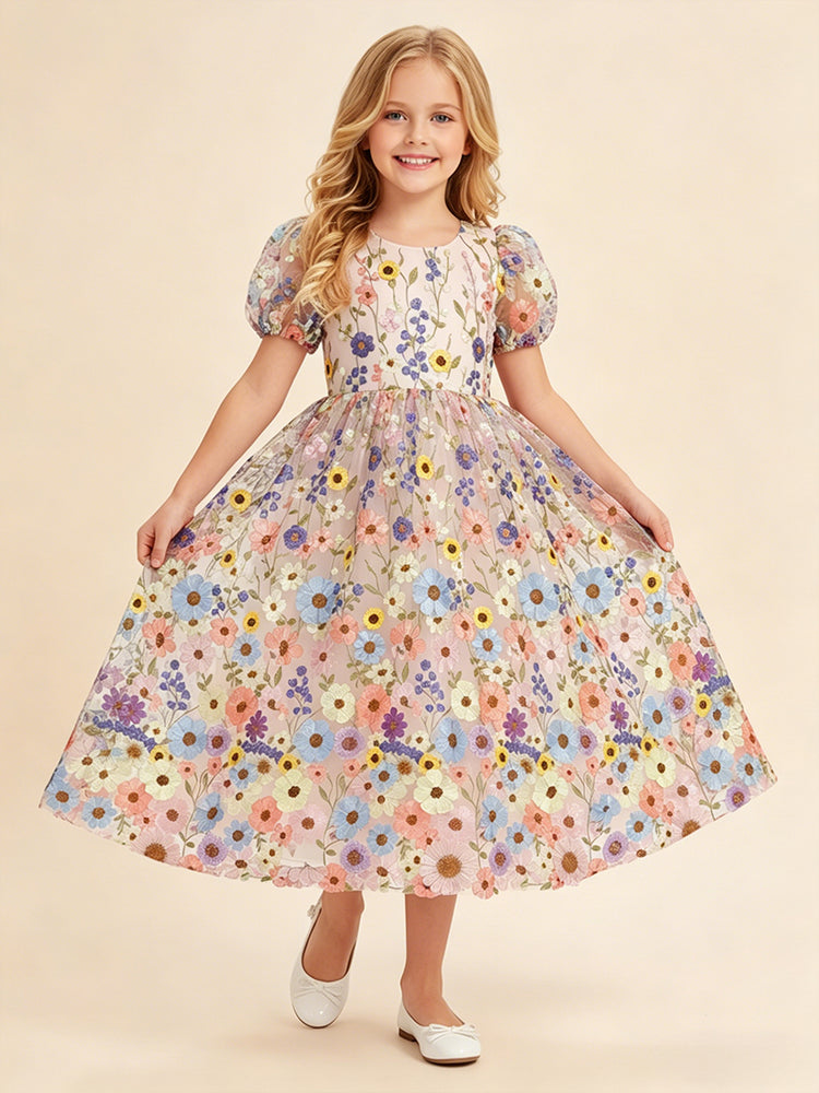 Tulle A-Line Scoop Neck Mini Flower Girl Dresses with Flower Embroidery