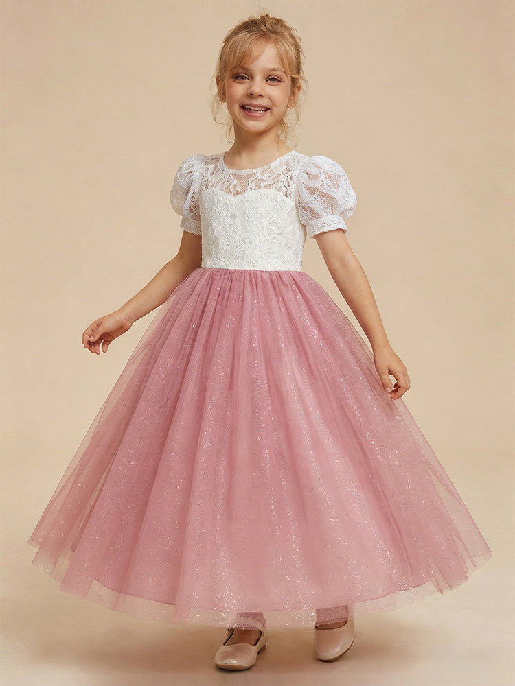 Tulle A-Line Scoop Neck Long Flower Girl Dresses with Lace
