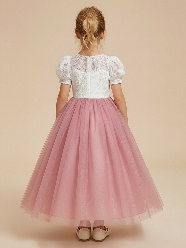 Tulle A-Line Scoop Neck Long Flower Girl Dresses with Lace