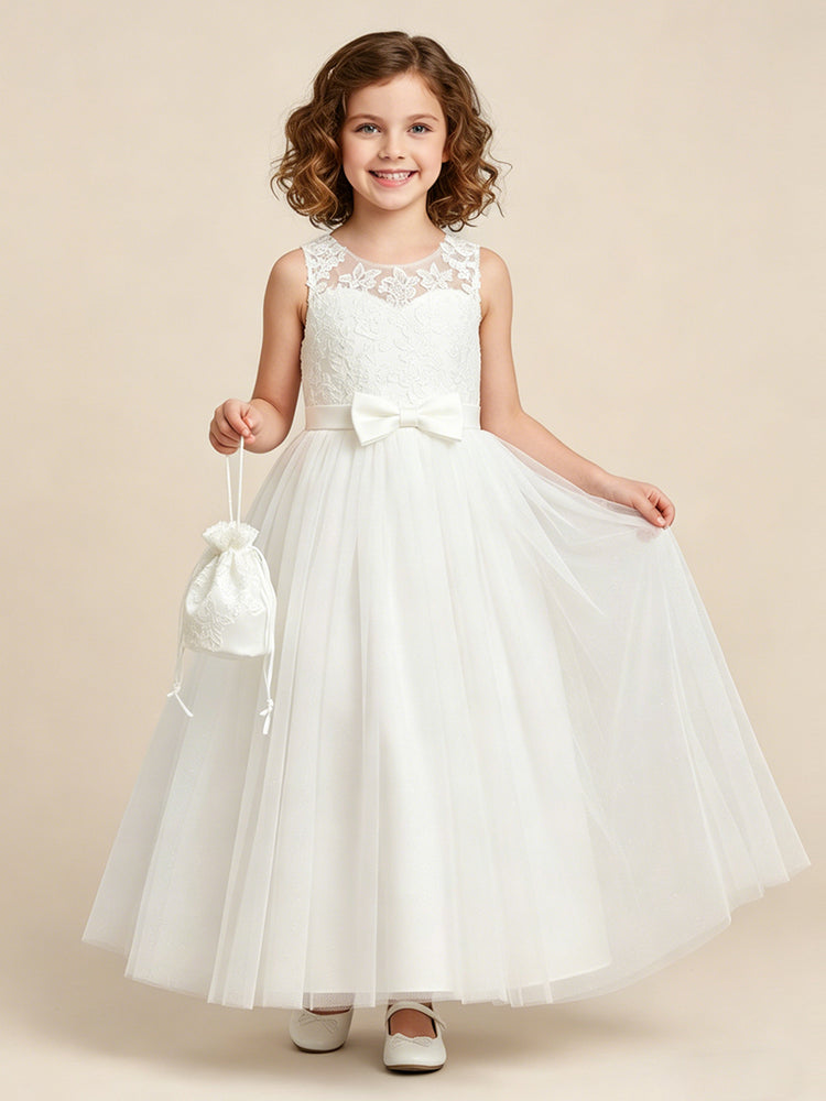 Tulle A-Line Jewel Neck Long Flower Girl Dresses with Lace Applique