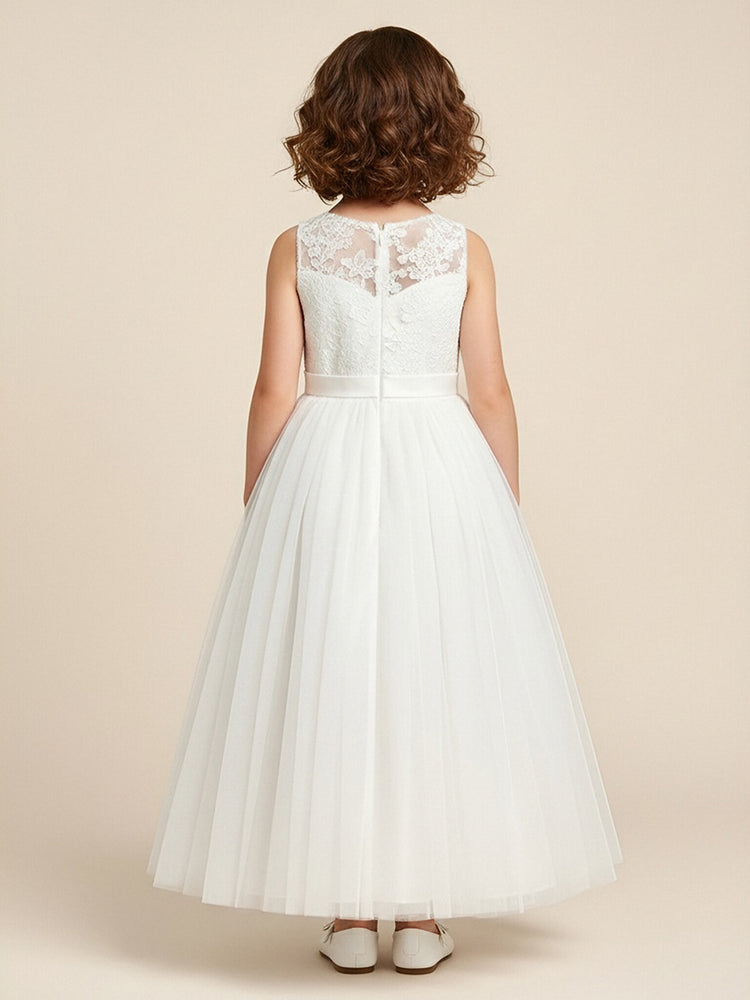 Tulle A-Line Jewel Neck Long Flower Girl Dresses with Lace Applique