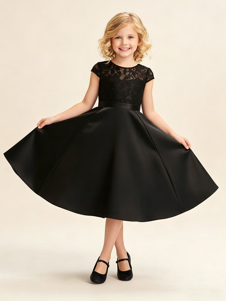 Satin A-Line Jewel Neck Midi Flower Girl Dresses with Lace Applique