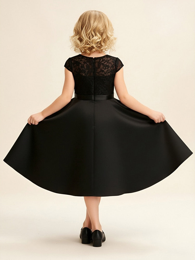 Satin A-Line Jewel Neck Midi Flower Girl Dresses with Lace Applique
