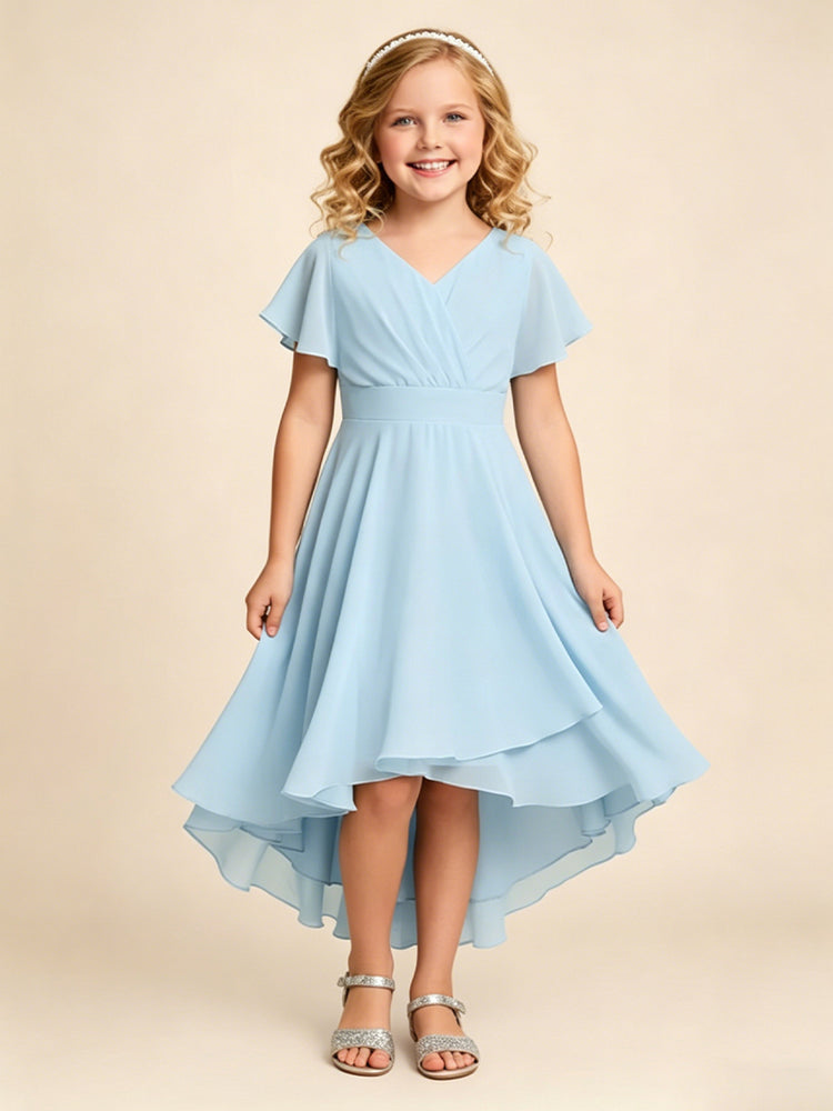 Chiffon A-Line V Neck Midi Flower Girl Dresses with Ruffles