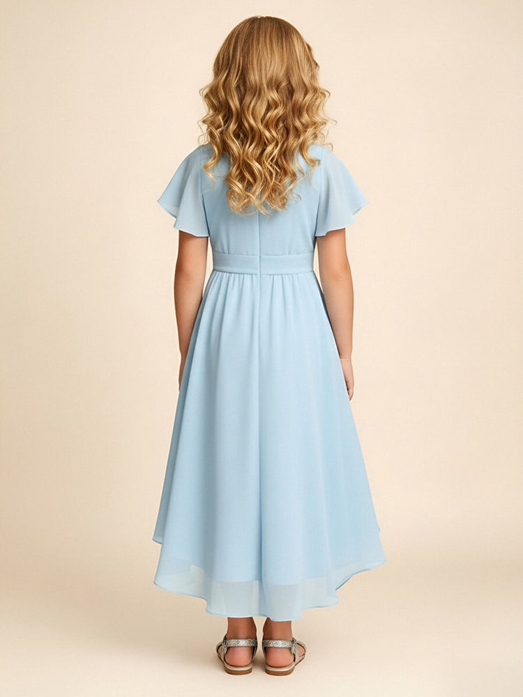 Chiffon A-Line V Neck Midi Flower Girl Dresses with Ruffles