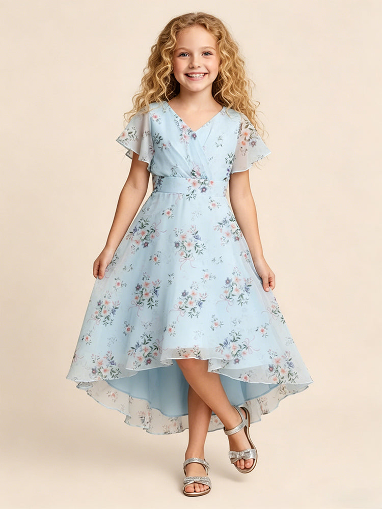 Chiffon Floral A-Line V Neck Midi Flower Girl Dresses with Ruffles
