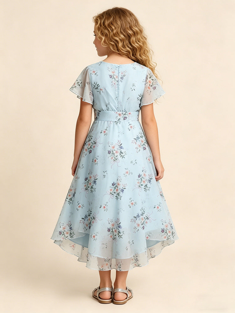Chiffon Floral A-Line V Neck Midi Flower Girl Dresses with Ruffles