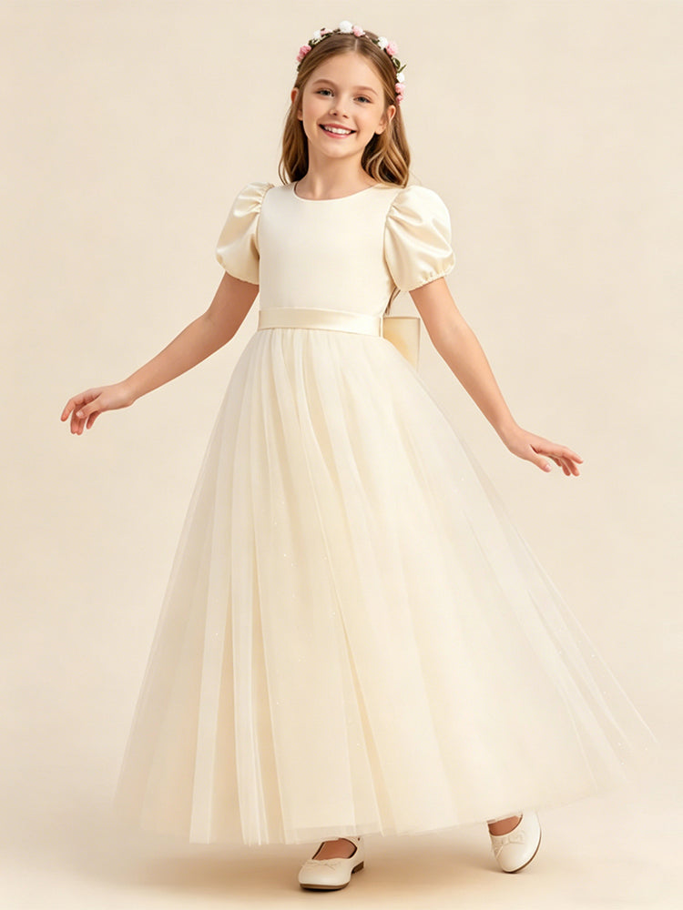 Tulle A-Line Scoop Neck Long Flower Girl Dresses with Bow