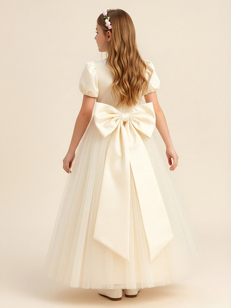 Tulle A-Line Scoop Neck Long Flower Girl Dresses with Bow