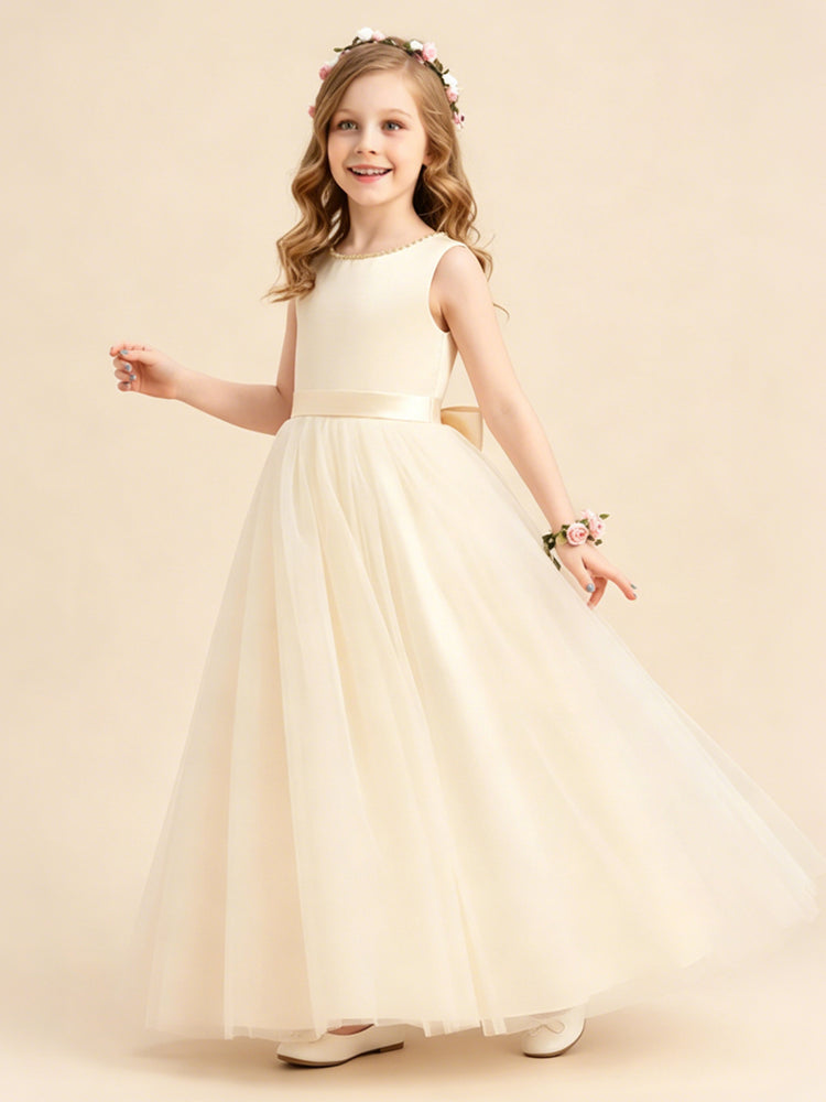 Tulle A-Line Scoop Neck Long Flower Girl Dresses with Bow