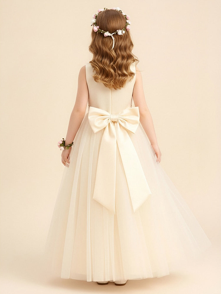 Tulle A-Line Scoop Neck Long Flower Girl Dresses with Bow