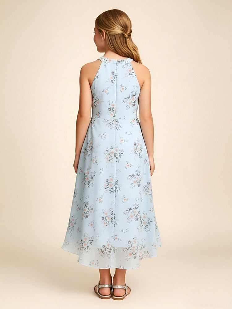 Chiffon Floral A-Line Halter Midi Flower Girl Dresses with Ruffles